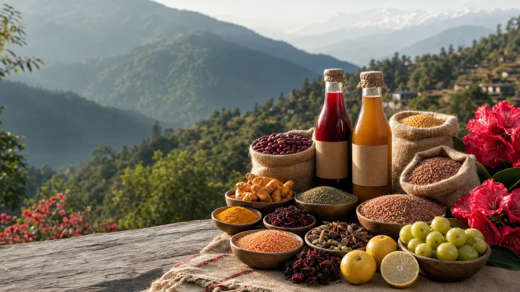Pahadi grains, fruit juices and buransh flowers overlooking Uttarakhand hills